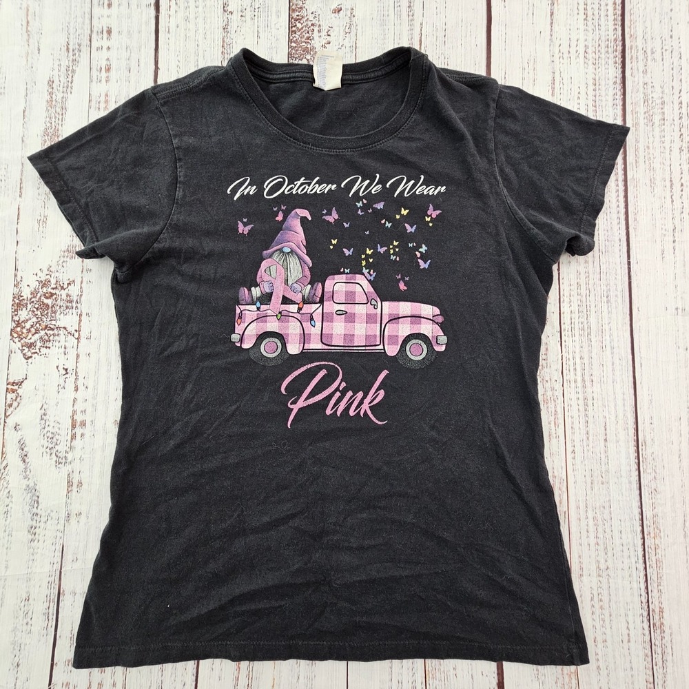 In October We Wear Pink Black Short Sleeve Cotton T-Shirt Women's M